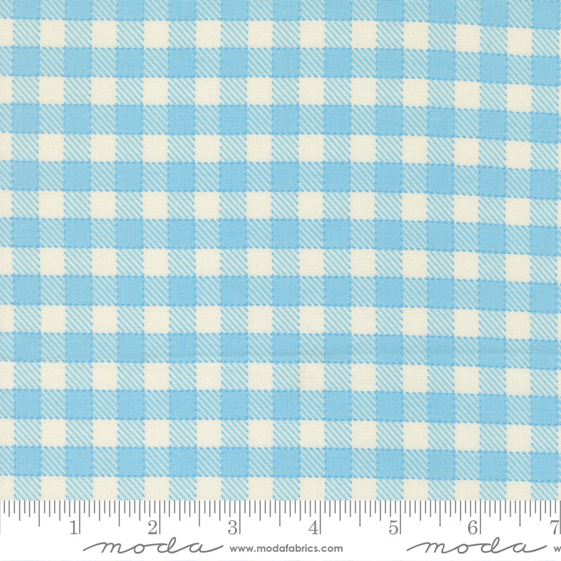 Animal Park Fun Checks Sky fabric by Stacy Iest Hsu for Moda Fabrics featuring a classic sky blue and cream gingham-style check on premium quilting cotton.