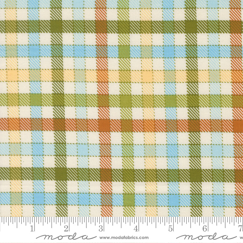 Animal Park Fun Checks Iguana fabric by Stacy Iest Hsu for Moda Fabrics featuring a colorful plaid design in green, blue, gold, rust, and cream on premium cotton.