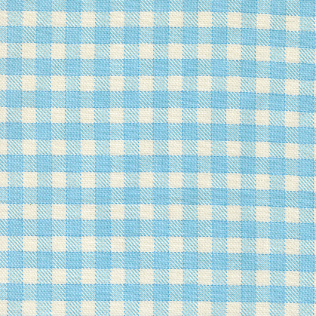 Animal Park Fun Checks Sky fabric by Stacy Iest Hsu for Moda Fabrics featuring a classic sky blue and cream gingham-style check on premium quilting cotton.