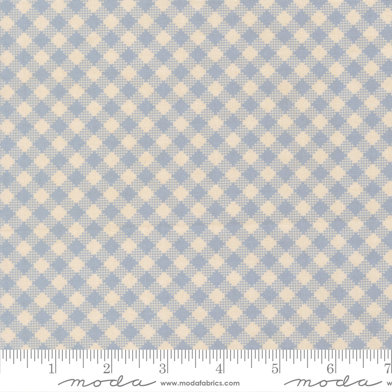 Sky blue and cream checked quilting cotton from the My Secret Garden collection by Stacy Iest Hsu for Moda Fabrics.