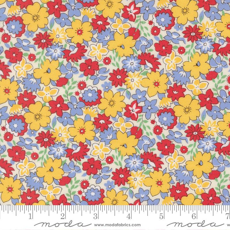 Close-up of 30s Playtime 2025 Bouncy Florals Primary fabric by Linzee McCray for Moda Fabrics, showing small vintage-style flowers in red, yellow, and blue on a cream background.