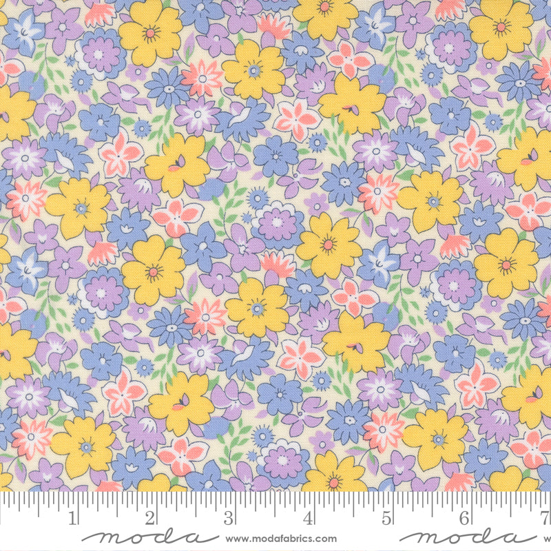 Close-up of 30s Playtime 2025 Bouncy Florals Pastel fabric by Linzee McCray for Moda Fabrics, showing yellow, lavender, pink, and blue flowers on a cream background.