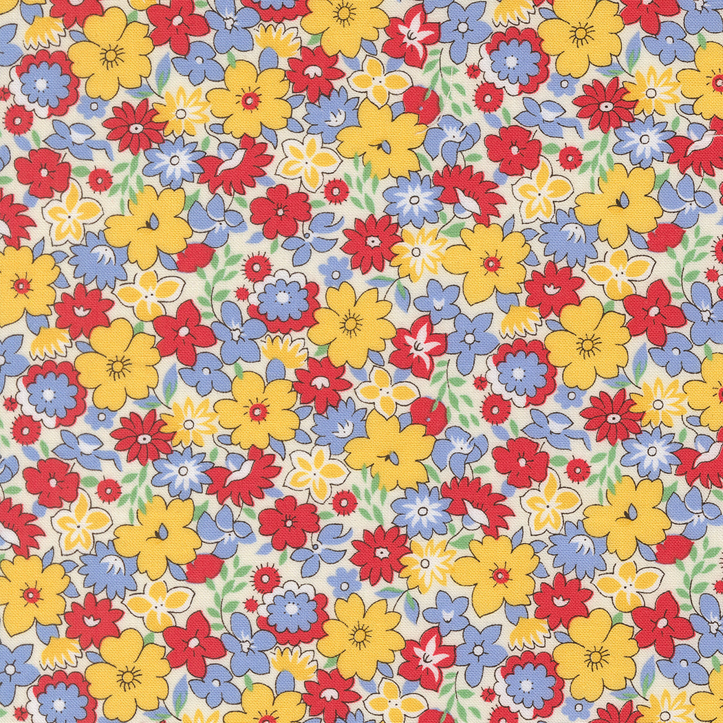 Close-up of 30s Playtime 2025 Bouncy Florals Primary fabric by Linzee McCray for Moda Fabrics, showing small vintage-style flowers in red, yellow, and blue on a cream background.