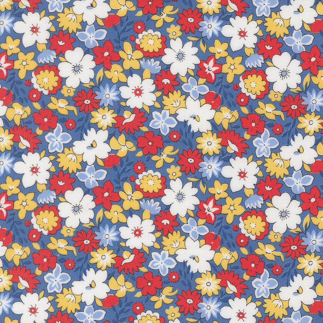 Close-up of 30s Playtime 2025 Bouncy Florals Bluebell fabric by Linzee McCray for Moda Fabrics, showing red, yellow, and white vintage-style flowers on a soft blue background.