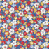 Close-up of 30s Playtime 2025 Bouncy Florals Bluebell fabric by Linzee McCray for Moda Fabrics, showing red, yellow, and white vintage-style flowers on a soft blue background.
