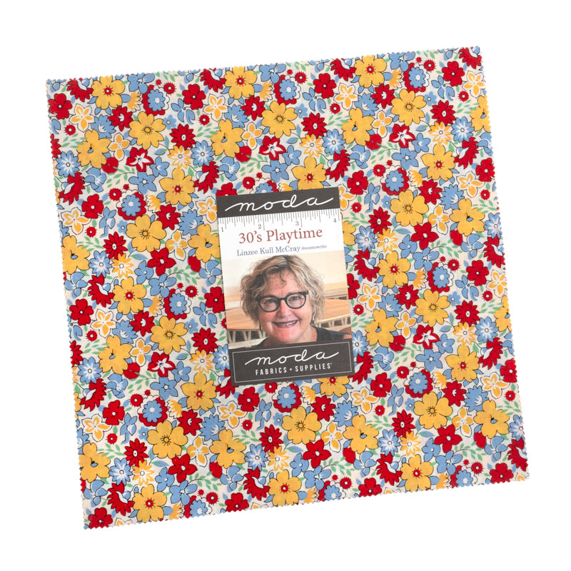 30’s Playtime 2025 Layer Cake featuring 42 vintage floral 10-inch squares by Moda Fabrics.