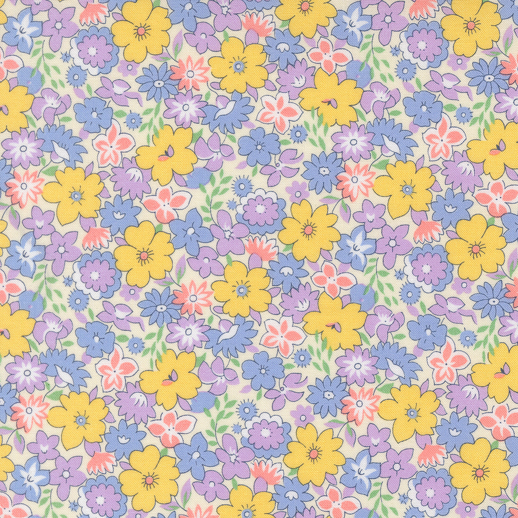 Close-up of 30s Playtime 2025 Bouncy Florals Pastel fabric by Linzee McCray for Moda Fabrics, showing yellow, lavender, pink, and blue flowers on a cream background.