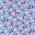 A close-up of 30s Playtime 2025 - Apple Blossom Florals Sky Fabric by Linzee McCray for Moda Fabrics, showing red apples and white blossoms on a soft sky-blue cotton background.