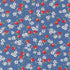 Close-up of 30s Playtime 2025 Apple Blossom Florals Bluebell Fabric by Linzee McCray for Moda Fabrics, showing red apples and white blossoms on a soft bluebell cotton background.