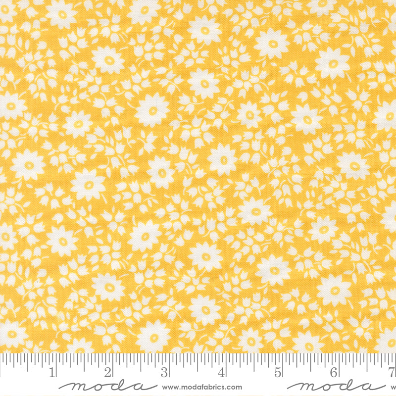 Close-up image of 30s Playtime 2025 - Perky Posies Sunshine Fabric by Linzee McCray for Moda Fabrics, featuring small white daisy-like flowers scattered across a bright yellow cotton background with a vintage 1930s reproduction style.
