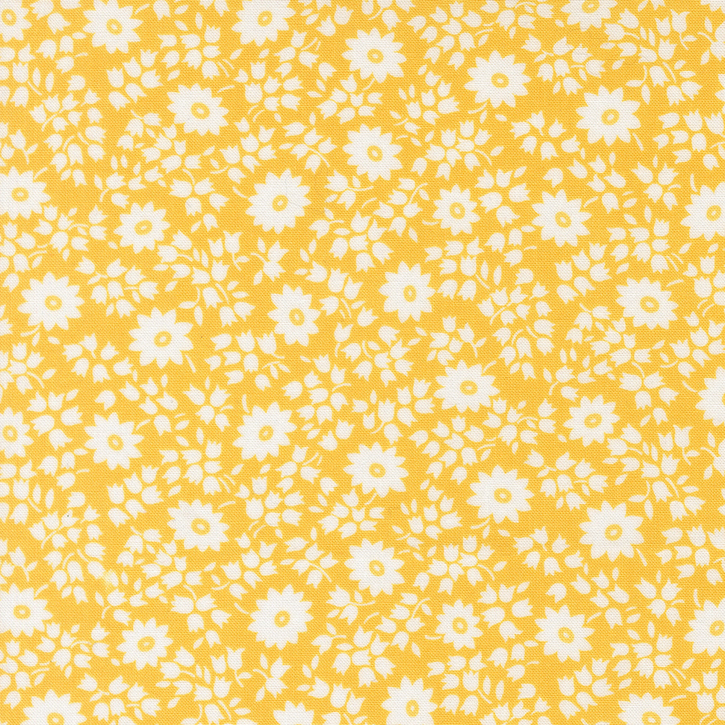 Close-up image of 30s Playtime 2025 - Perky Posies Sunshine Fabric by Linzee McCray for Moda Fabrics, featuring small white daisy-like flowers scattered across a bright yellow cotton background with a vintage 1930s reproduction style.