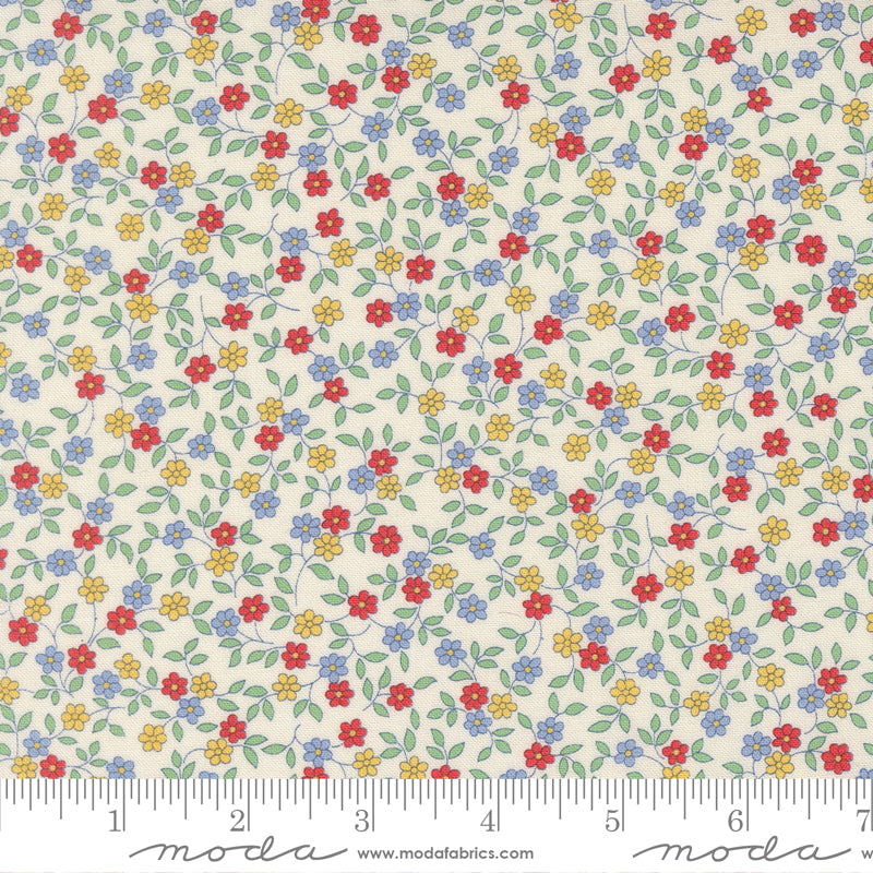 Close-up of 30s Playtime 2025 Blooming Vines Ditsy Primary Fabric by Linzee McCray for Moda Fabrics, showing red, yellow, and blue flowers with green vines on a soft cream cotton background.