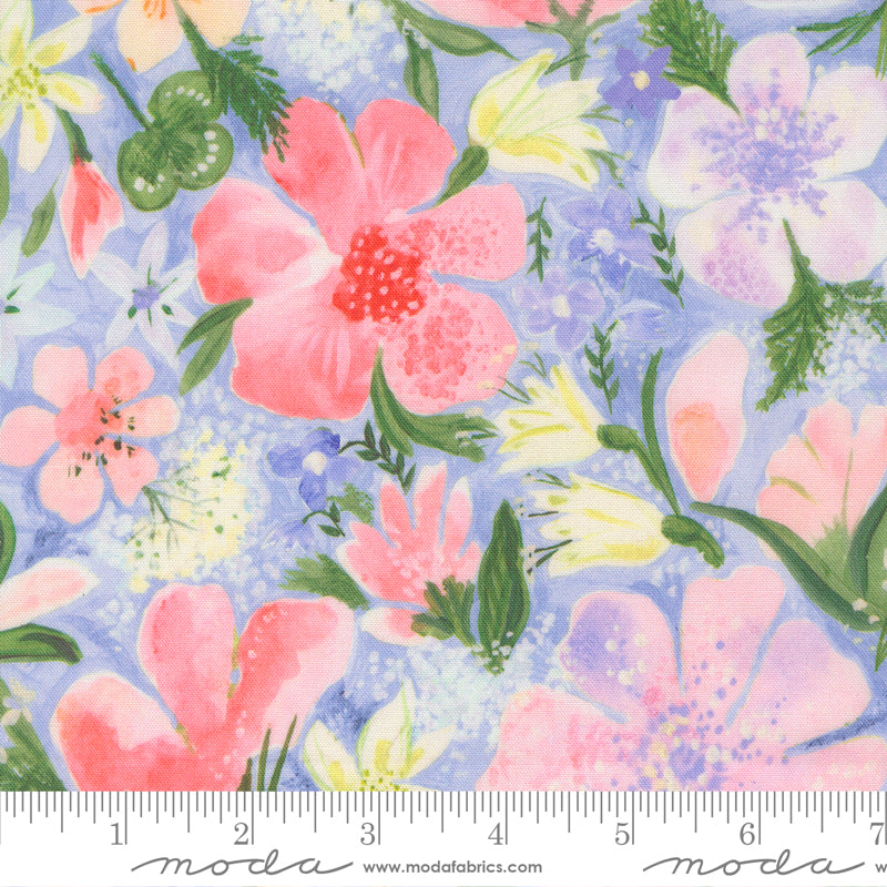 Sweet Cecily Meadow Florals Hyacinth Fabric by Janet Clare featuring watercolor pink, yellow, and lavender flowers on a purple-blue background.