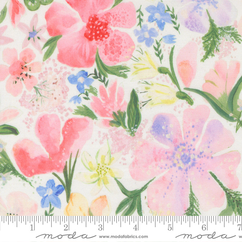 Watercolor lily floral fabric in pink and pastel shades on white background from Sweet Cecily collection by Janet Clare for Moda Fabrics.