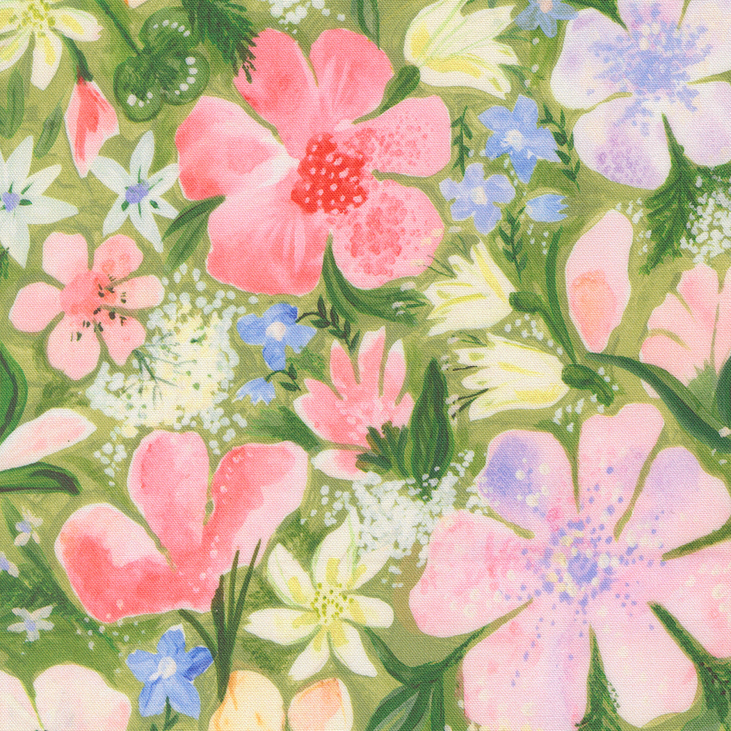 Sweet Cecily Meadow Florals Watercolor Fabric with pink and lavender flowers on green background by Janet Clare for Moda Fabrics.