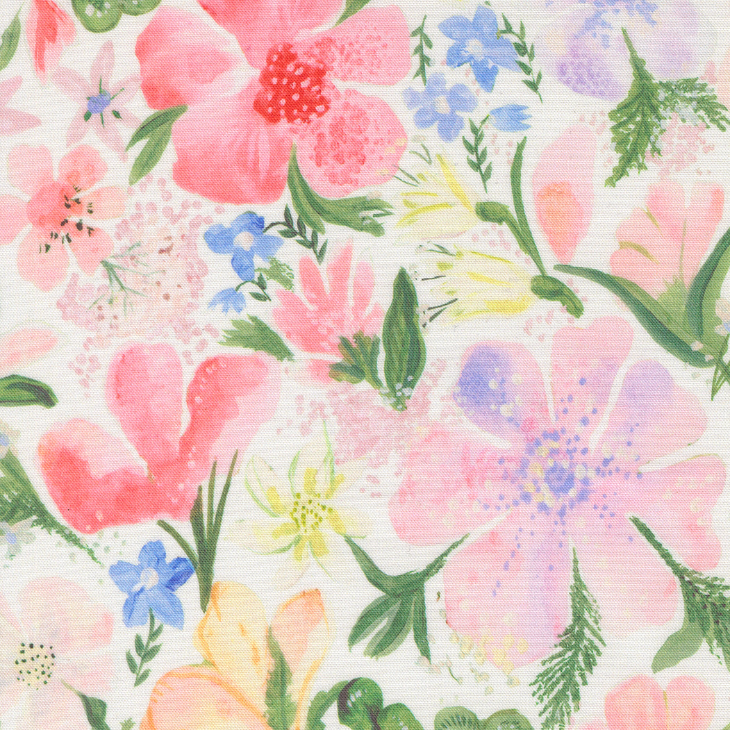 Watercolor lily floral fabric in pink and pastel shades on white background from Sweet Cecily collection by Janet Clare for Moda Fabrics.