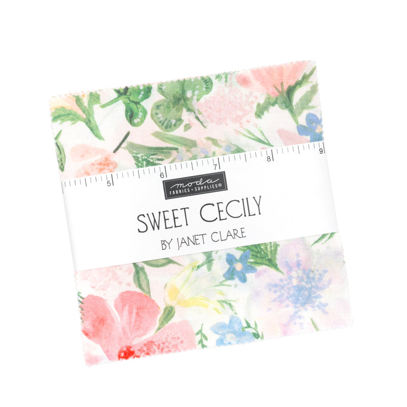 Charm Pack featuring watercolor floral prints from the Sweet Cecily collection by Janet Clare for Moda Fabrics.