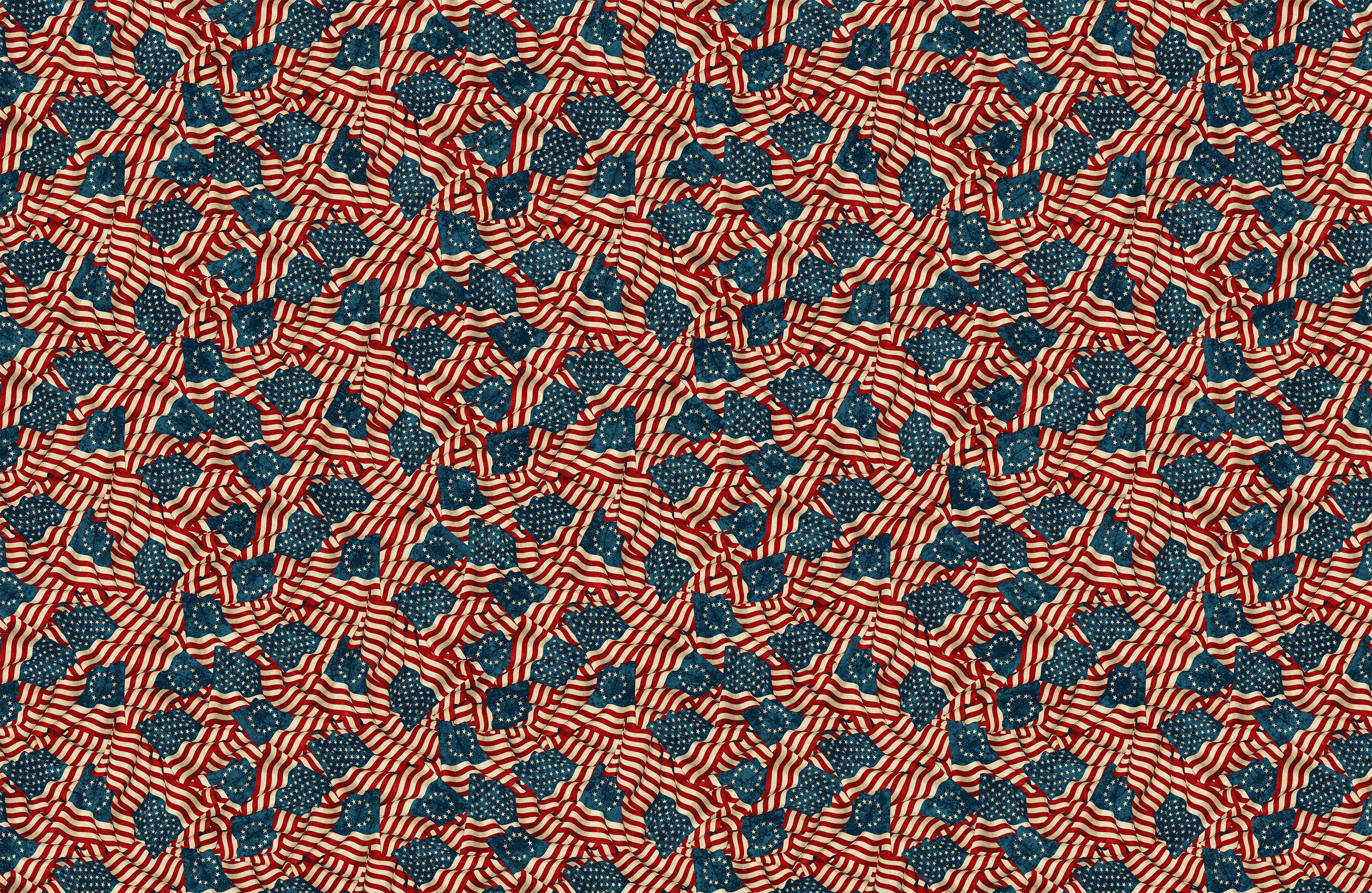 America 250 Stonehenge Flags Beige Multi fabric featuring flowing American flags in red, ivory, and navy on a textured patriotic background.