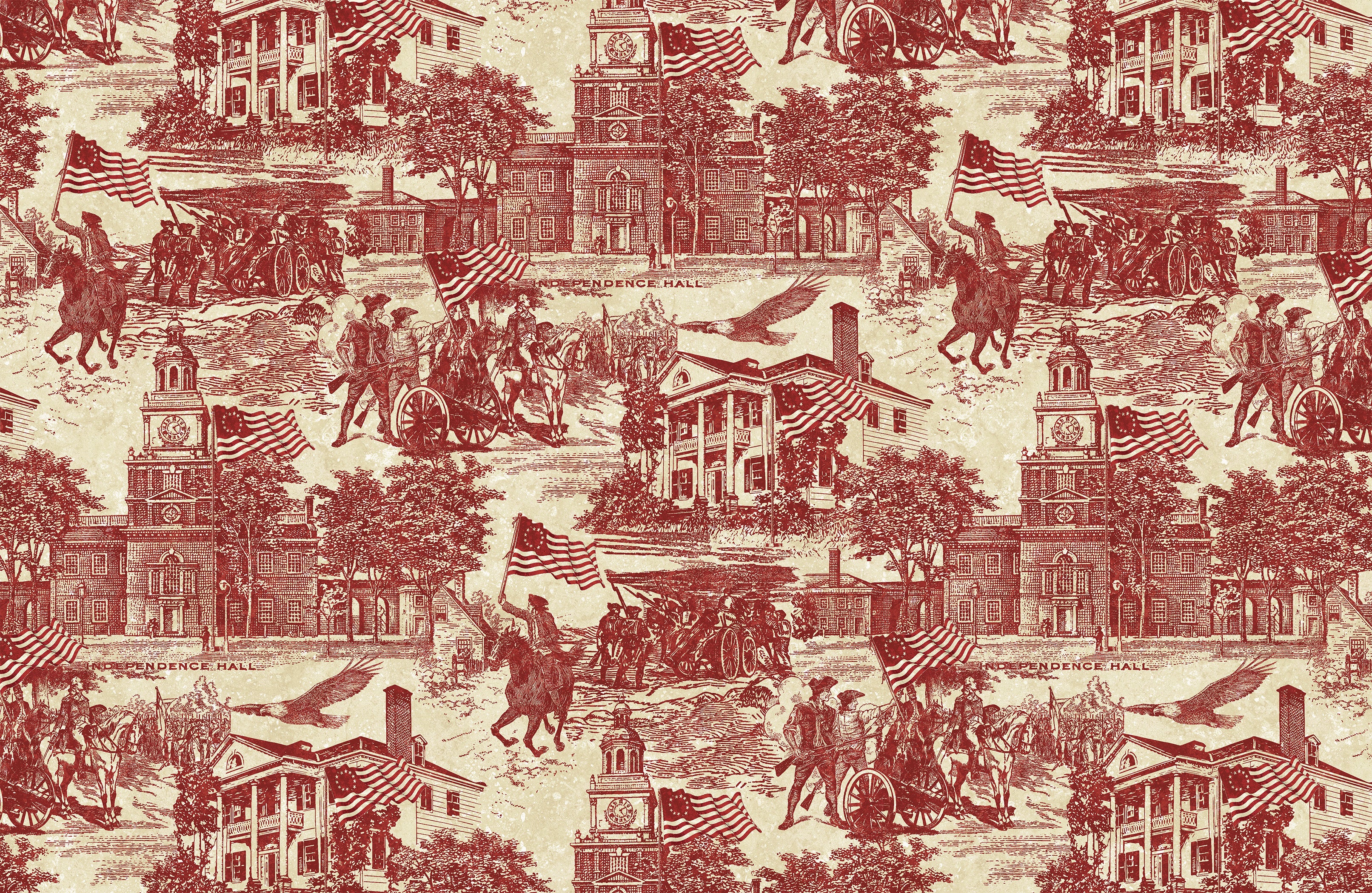 America 250 Stonehenge Toile Red Beige fabric featuring historic American landmarks, eagles, and American flags in cardinal red on a parchment beige background.