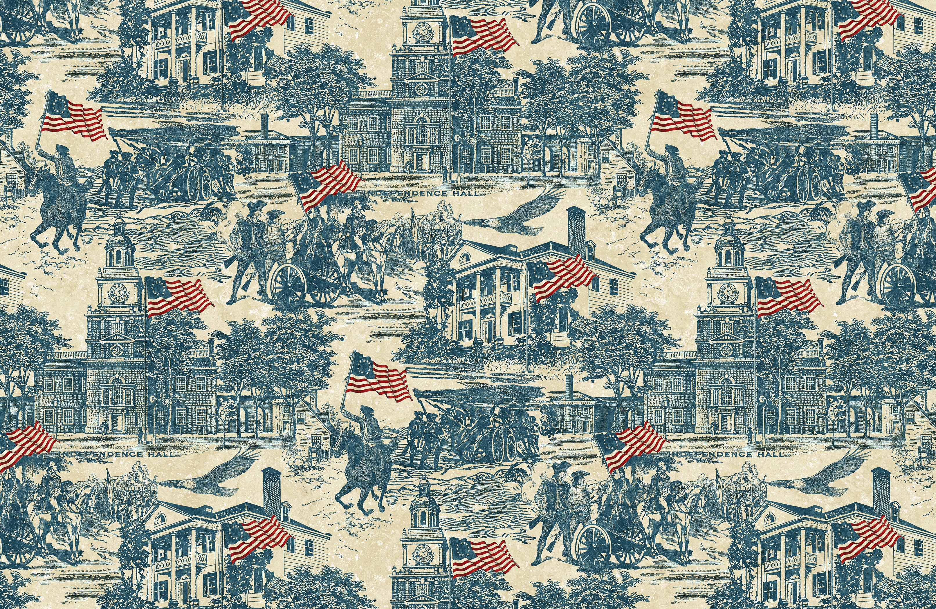 America 250 Stonehenge Toile Navy Beige fabric featuring historic American scenes, eagles, and waving American flags on a parchment background by Linda Ludovico for Northcott Fabrics.