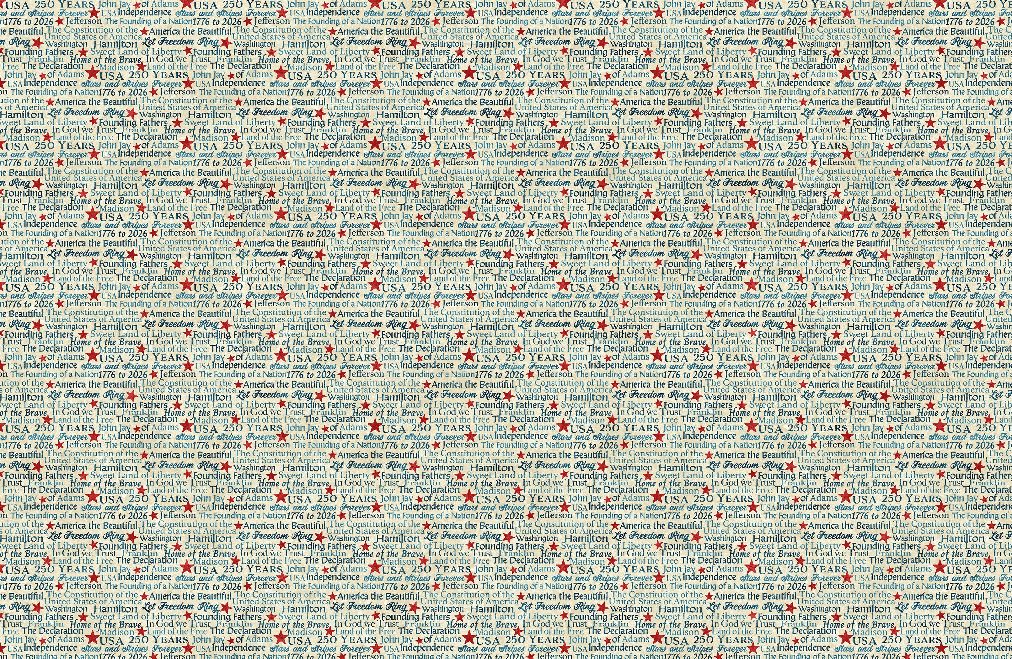 America 250 Stonehenge Words Beige Multi fabric featuring patriotic phrases, founding fathers' names, red stars, and Americana typography by Linda Ludovico for Northcott Fabrics.