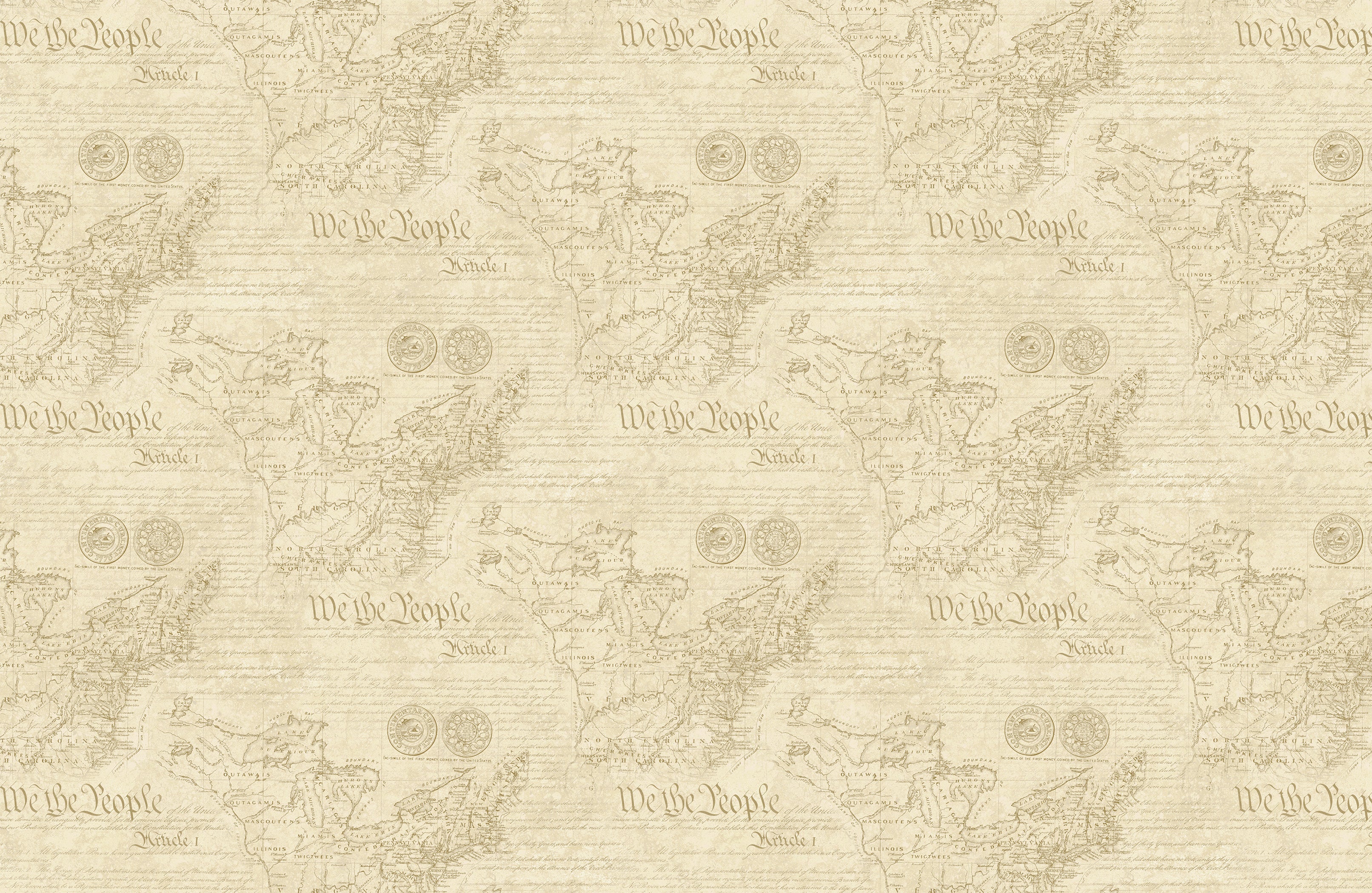 America 250 Stonehenge Map Beige quilting cotton fabric featuring antique maps, We The People text, and historical document motifs by Linda Ludovico for Northcott Fabrics.
