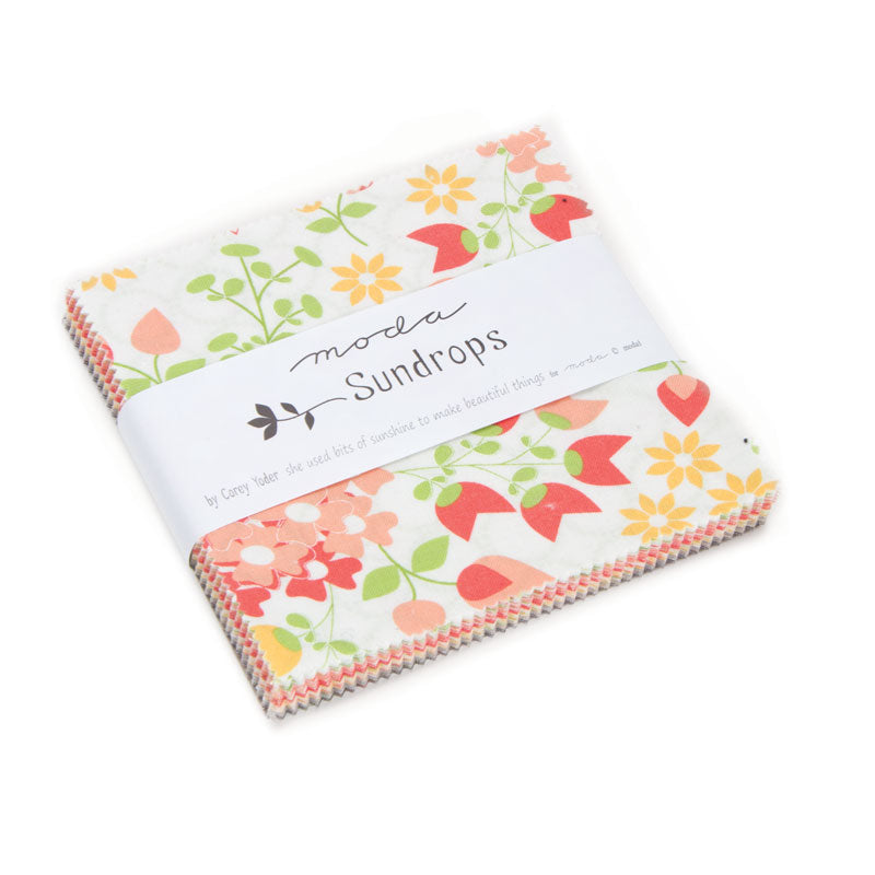 Sundrops Charm Pack by Corey Yoder for Moda Fabrics featuring 42 coordinated 5-inch cotton fabric squares with cheerful florals, leaves, berries, and geometric prints in coral, peach, yellow, green, gray, and white.