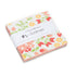 Sundrops Charm Pack by Corey Yoder for Moda Fabrics featuring 42 coordinated 5-inch cotton fabric squares with cheerful florals, leaves, berries, and geometric prints in coral, peach, yellow, green, gray, and white.