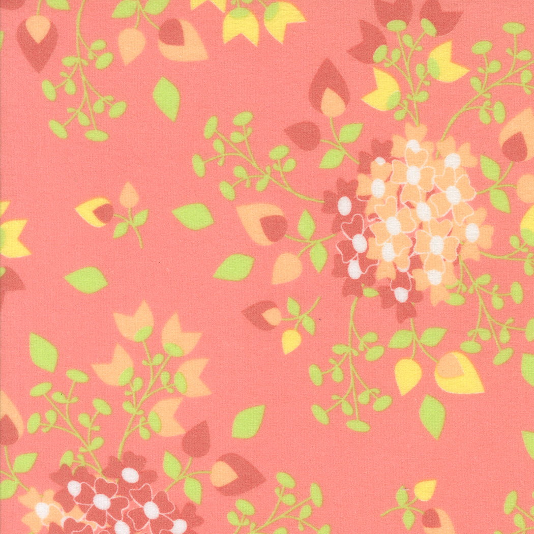 Sherbet Sunshine Flamingo flannel fabric by Corey Yoder of Coriander Quilts for Moda Fabrics featuring floral clusters on a pink background.