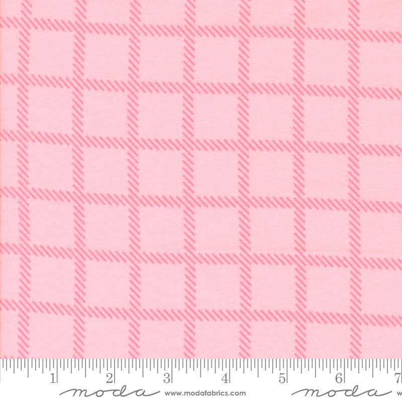 Sherbet Sunshine Flannel Cross Checks Petunia fabric by Corey Yoder of Coriander Quilts for Moda Fabrics featuring pink plaid check design.