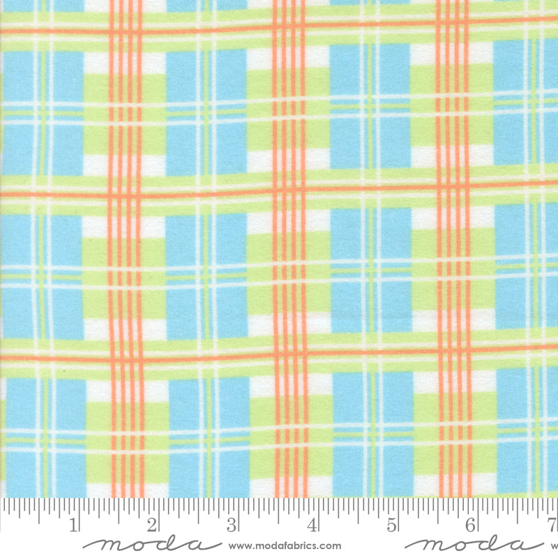 Sherbet Sunshine Plaid Sky flannel fabric by Corey Yoder of Coriander Quilts for Moda Fabrics featuring a plaid pattern in blue, green, coral, and white.