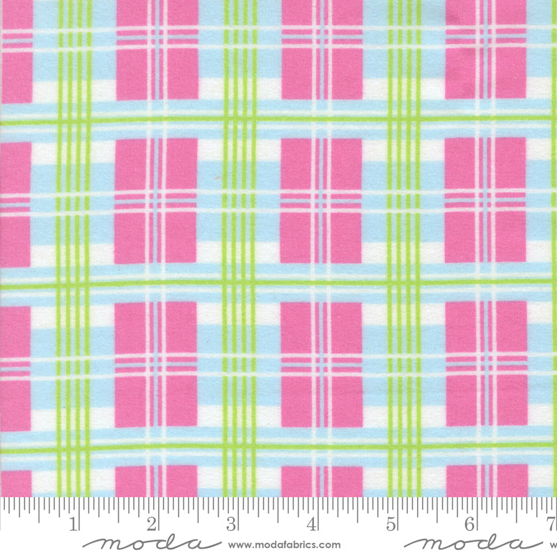 A close-up of Sherbet Sunshine Plaid Petal Pink Flannel Fabric by Corey Yoder for Moda Fabrics, featuring a soft plaid design in pink, green, blue, and white on cozy cotton flannel.
