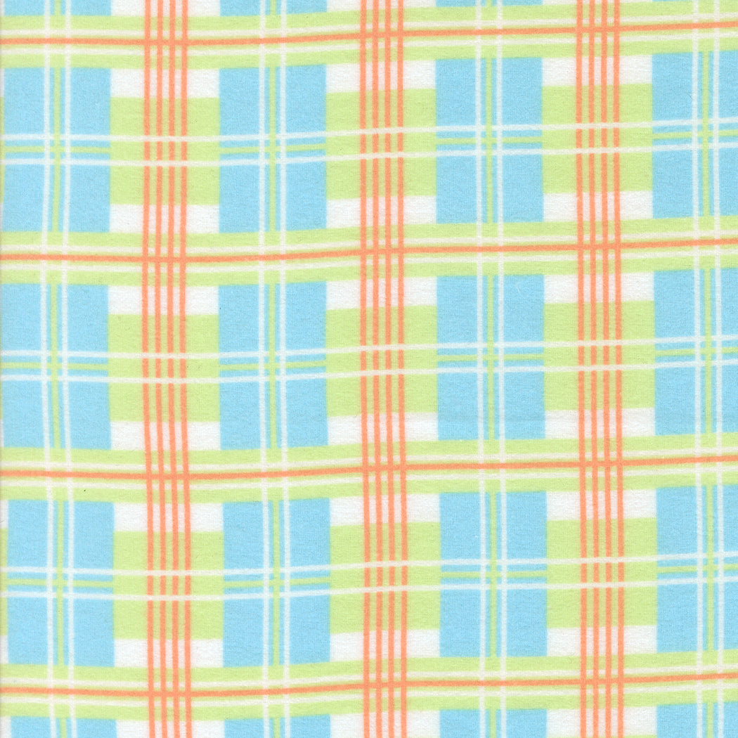 Sherbet Sunshine Plaid Sky flannel fabric by Corey Yoder of Coriander Quilts for Moda Fabrics featuring a plaid pattern in blue, green, coral, and white.