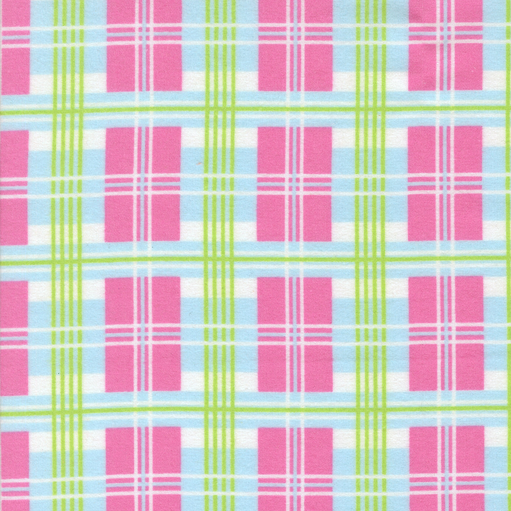 A close-up of Sherbet Sunshine Plaid Petal Pink Flannel Fabric by Corey Yoder for Moda Fabrics, featuring a soft plaid design in pink, green, blue, and white on cozy cotton flannel.