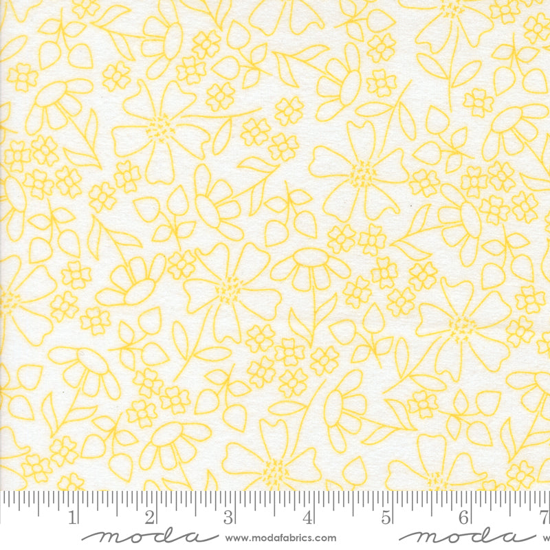 Sherbet Sunshine Floral Outlines Sunshine flannel fabric by Corey Yoder of Coriander Quilts for Moda Fabrics featuring yellow floral outlines on white background.