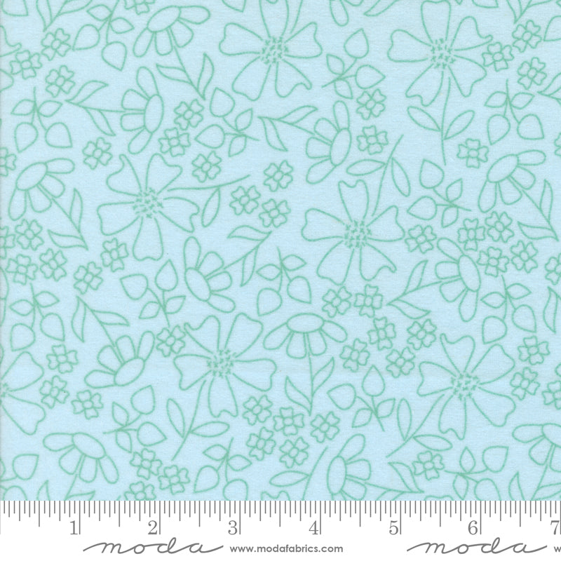 Sherbet Sunshine Flannel Floral Outlines Sky fabric by Corey Yoder of Coriander Quilts for Moda Fabrics featuring light blue background with soft floral line drawings.