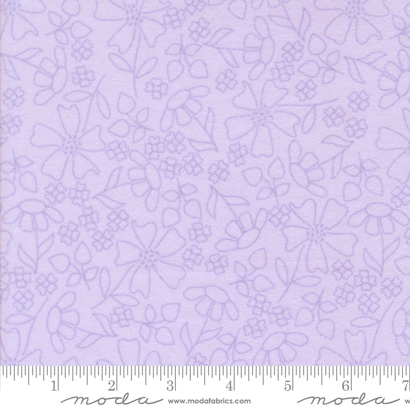 Sherbet Sunshine Flannel Sketch Florals Wisteria fabric by Corey Yoder of Coriander Quilts for Moda Fabrics featuring light lavender floral outlines on soft cotton flannel.