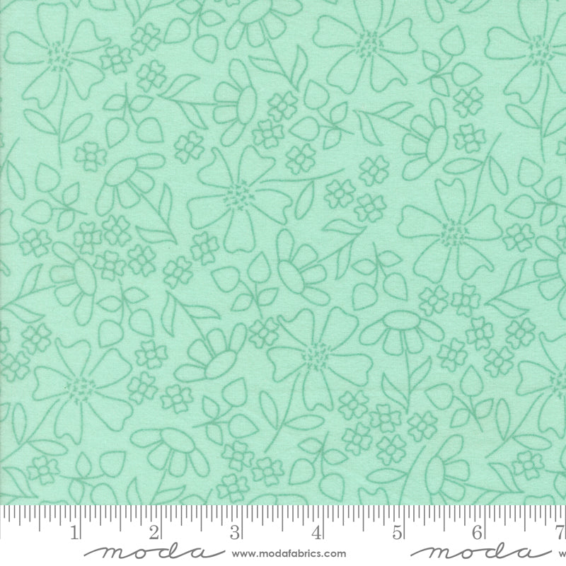 Sherbet Sunshine Flannel Sketch Florals Sea Glass fabric by Corey Yoder of Coriander Quilts for Moda Fabrics featuring delicate green floral outlines on soft cotton flannel.