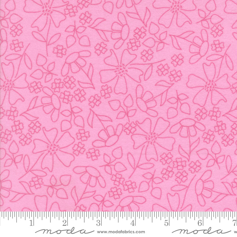 Close-up view of Sherbet Sunshine Flannel – Sketch Florals Petunia Fabric by Corey Yoder for Moda Fabrics, showing hand-drawn pink floral outlines on soft petunia pink flannel background.
