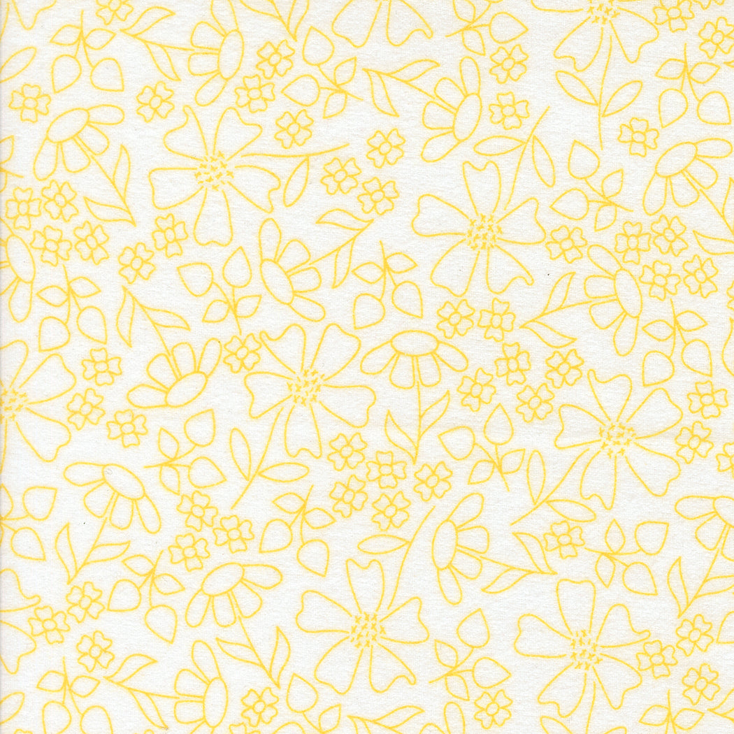 Sherbet Sunshine Floral Outlines Sunshine flannel fabric by Corey Yoder of Coriander Quilts for Moda Fabrics featuring yellow floral outlines on white background.