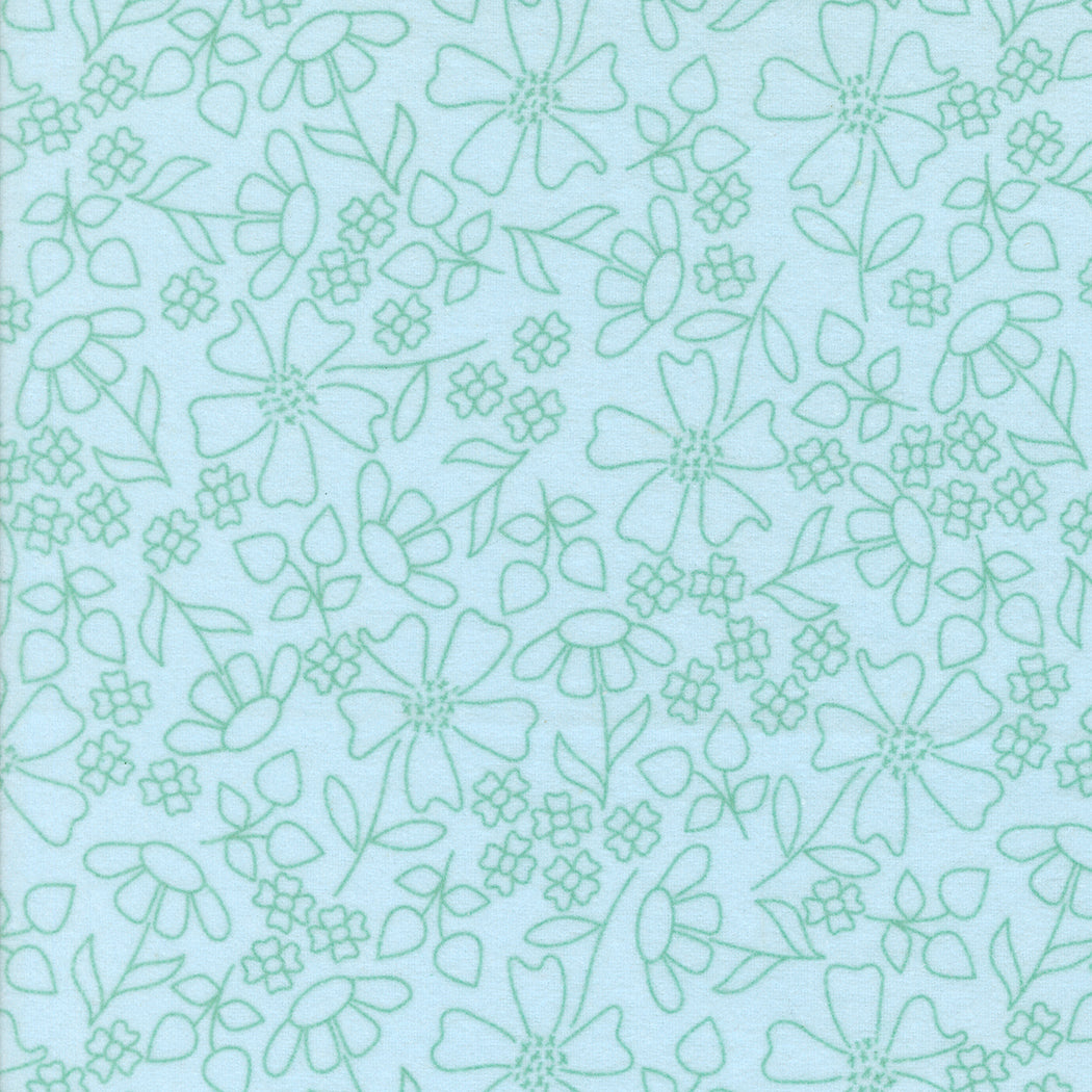 Sherbet Sunshine Flannel Floral Outlines Sky fabric by Corey Yoder of Coriander Quilts for Moda Fabrics featuring light blue background with soft floral line drawings.