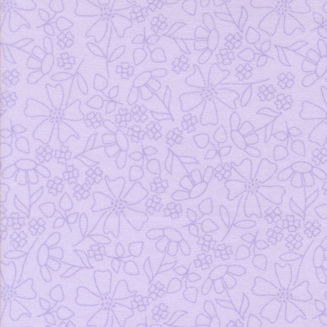 Sherbet Sunshine Flannel Sketch Florals Wisteria fabric by Corey Yoder of Coriander Quilts for Moda Fabrics featuring light lavender floral outlines on soft cotton flannel.