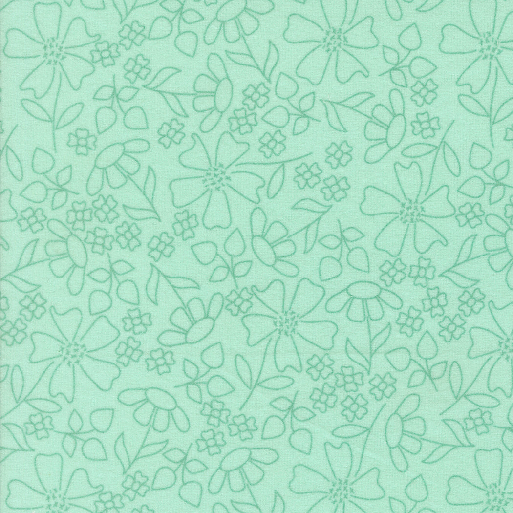 Sherbet Sunshine Flannel Sketch Florals Sea Glass fabric by Corey Yoder of Coriander Quilts for Moda Fabrics featuring delicate green floral outlines on soft cotton flannel.