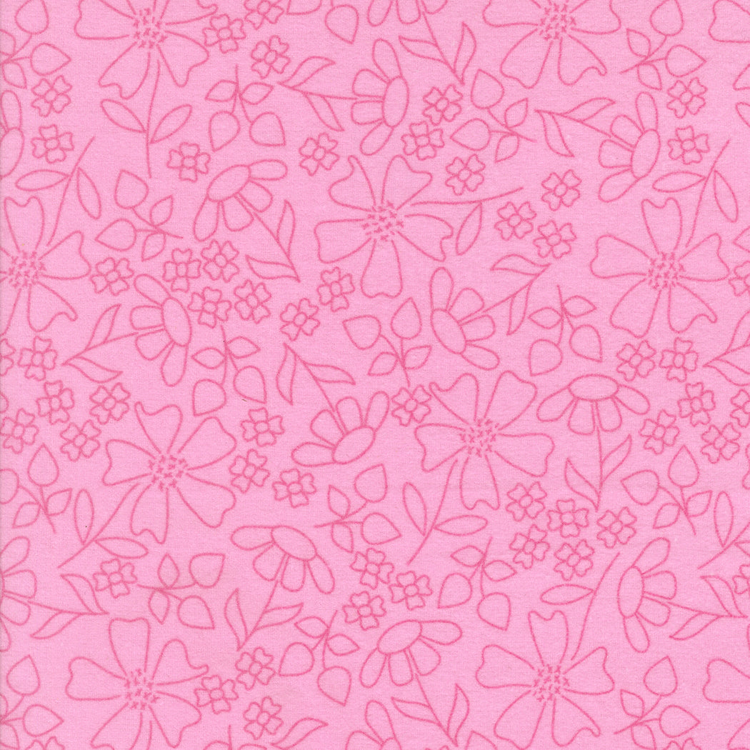 Close-up view of Sherbet Sunshine Flannel – Sketch Florals Petunia Fabric by Corey Yoder for Moda Fabrics, showing hand-drawn pink floral outlines on soft petunia pink flannel background.