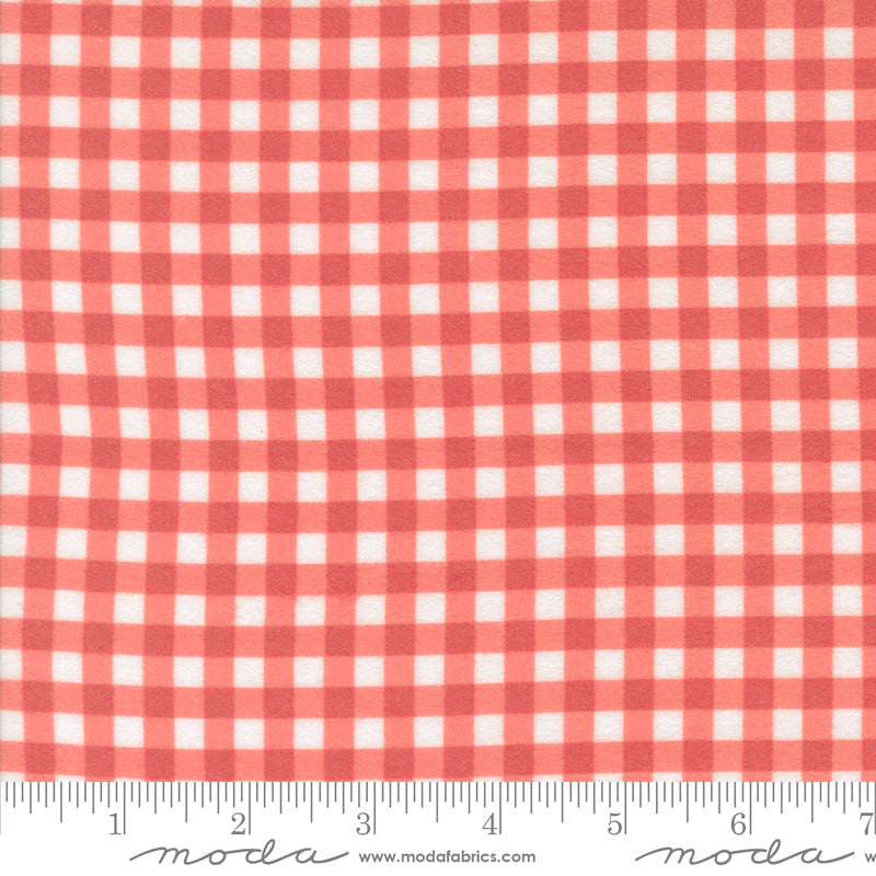 Sherbet Sunshine Flannel Gingham Strawberry fabric by Corey Yoder of Coriander Quilts for Moda Fabrics featuring red and cream gingham check pattern.