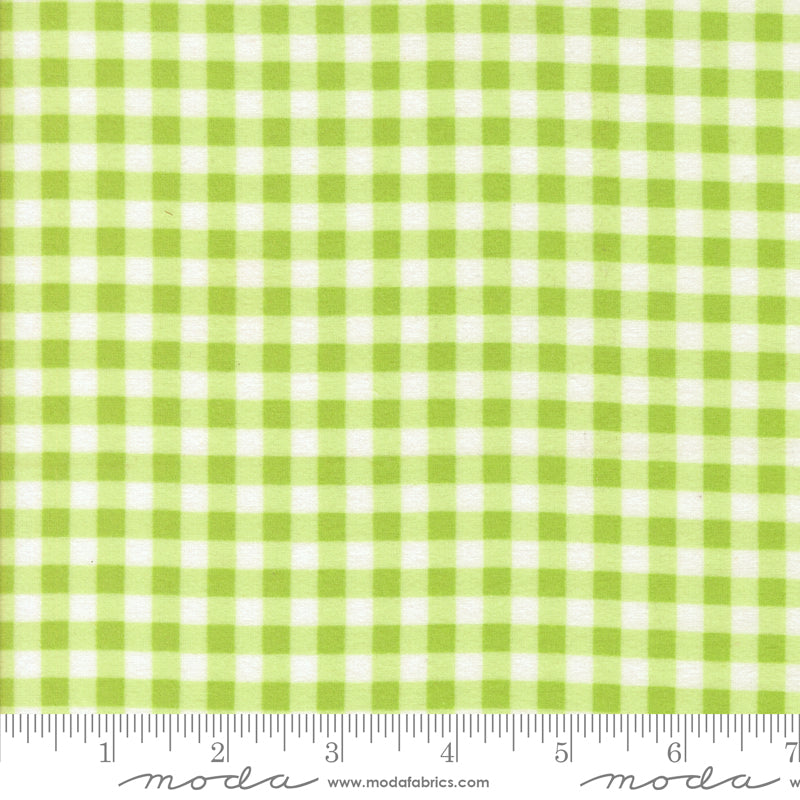 Sherbet Sunshine Flannel Gingham Leaf fabric by Corey Yoder of Coriander Quilts for Moda Fabrics featuring light green and white checkered pattern.