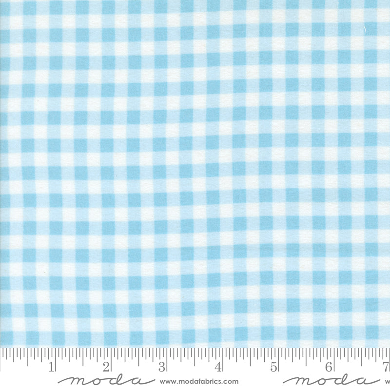 Sherbet Sunshine Flannel Gingham Sky fabric by Corey Yoder of Coriander Quilts for Moda Fabrics featuring light blue and white check pattern.