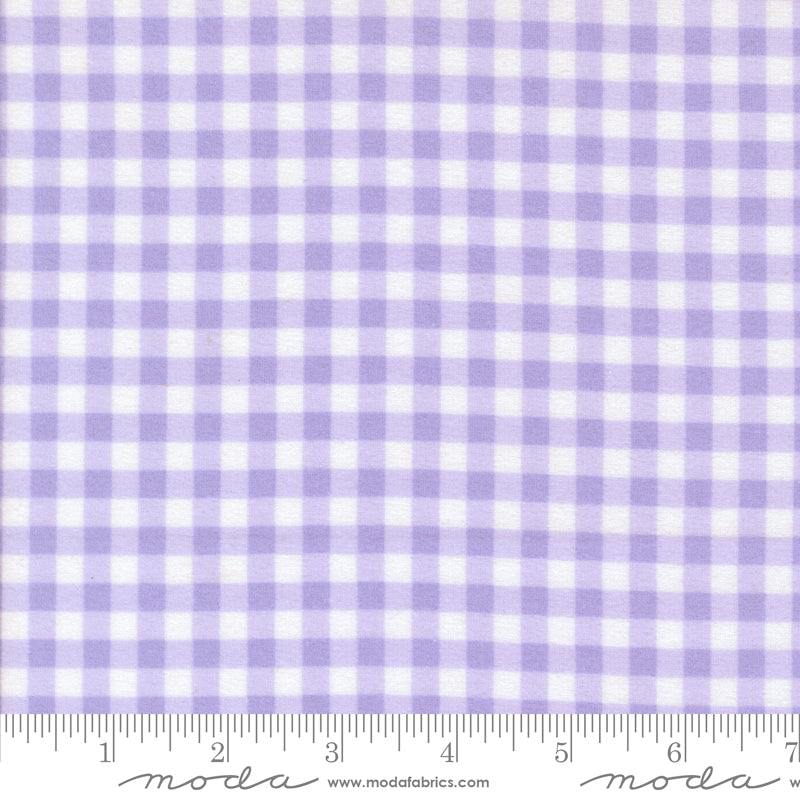 Sherbet Sunshine Flannel Gingham Lavender fabric by Corey Yoder of Coriander Quilts for Moda Fabrics featuring lavender and white check pattern.