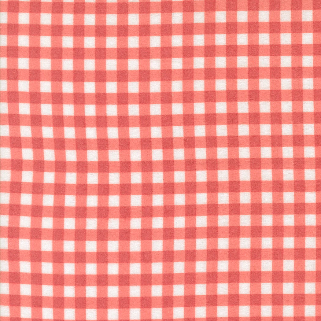 Sherbet Sunshine Flannel Gingham Strawberry fabric by Corey Yoder of Coriander Quilts for Moda Fabrics featuring red and cream gingham check pattern.