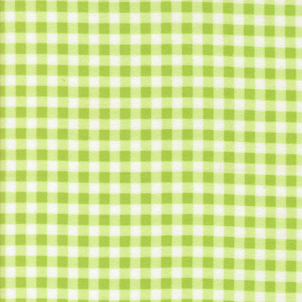 Sherbet Sunshine Flannel Gingham Leaf fabric by Corey Yoder of Coriander Quilts for Moda Fabrics featuring light green and white checkered pattern.